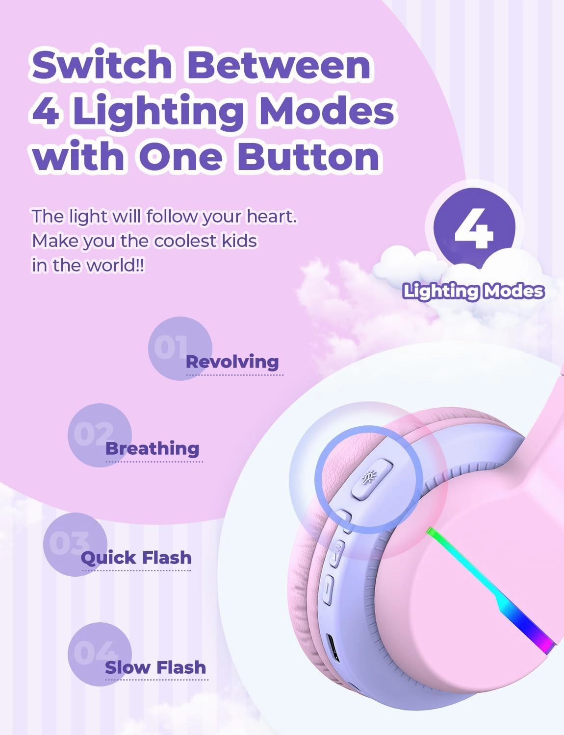 iClever BTH12 Kids Bluetooth Headphones,Colorful LED Lights,74/85dBA Safe Volume,85H Playtime,Bluetooth 5.2,Over Ear Headphones Built-in Mic for iPad/Tablet/Airplane,Blossom Pink