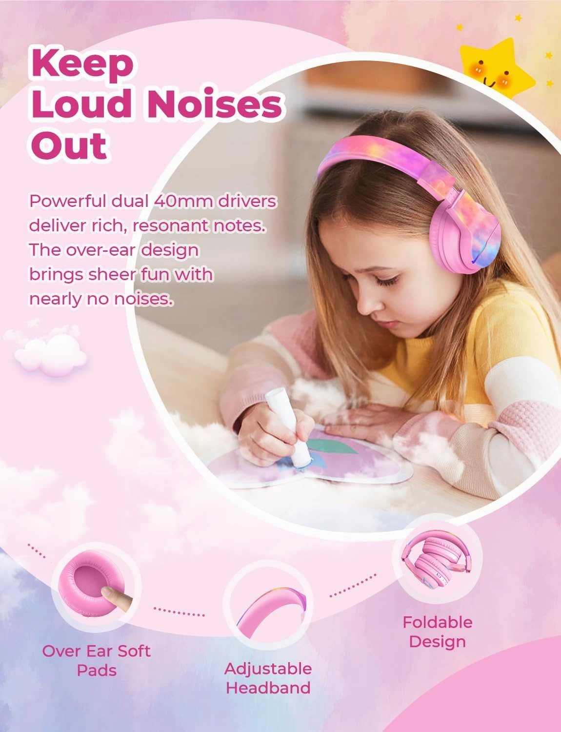 iClever BTH12 Kids Bluetooth Headphones,Colorful LED Lights,74/85dBA Safe Volume,85H Playtime,Fast Charging,Bluetooth 5.2,Over Ear Kids Headphones Wireles for iPad/Tablet/Airplane,Tie-dye Pink