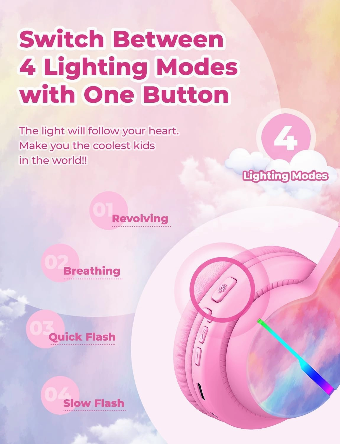 iClever BTH12 Kids Bluetooth Headphones,Colorful LED Lights,74/85dBA Safe Volume,85H Playtime,Fast Charging,Bluetooth 5.2,Over Ear Kids Headphones Wireles for iPad/Tablet/Airplane,Tie-dye Pink