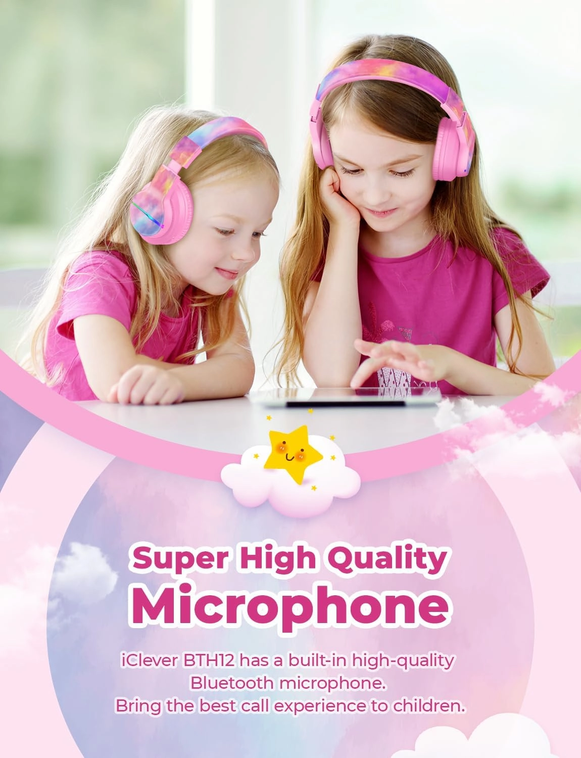 iClever BTH12 Kids Bluetooth Headphones,Colorful LED Lights,74/85dBA Safe Volume,85H Playtime,Fast Charging,Bluetooth 5.2,Over Ear Kids Headphones Wireles for iPad/Tablet/Airplane,Tie-dye Pink