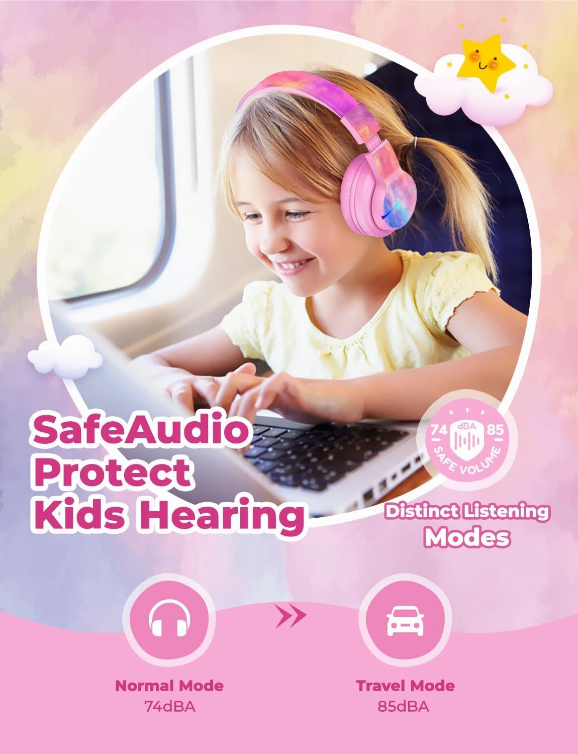 iClever BTH12 Kids Bluetooth Headphones,Colorful LED Lights,74/85dBA Safe Volume,85H Playtime,Fast Charging,Bluetooth 5.2,Over Ear Kids Headphones Wireles for iPad/Tablet/Airplane,Tie-dye Pink
