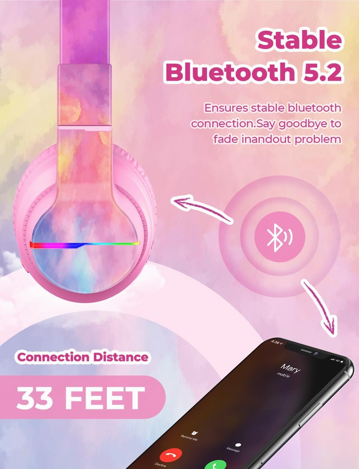 iClever BTH12 Kids Bluetooth Headphones,Colorful LED Lights,74/85dBA Safe Volume,85H Playtime,Fast Charging,Bluetooth 5.2,Over Ear Kids Headphones Wireles for iPad/Tablet/Airplane,Tie-dye Pink