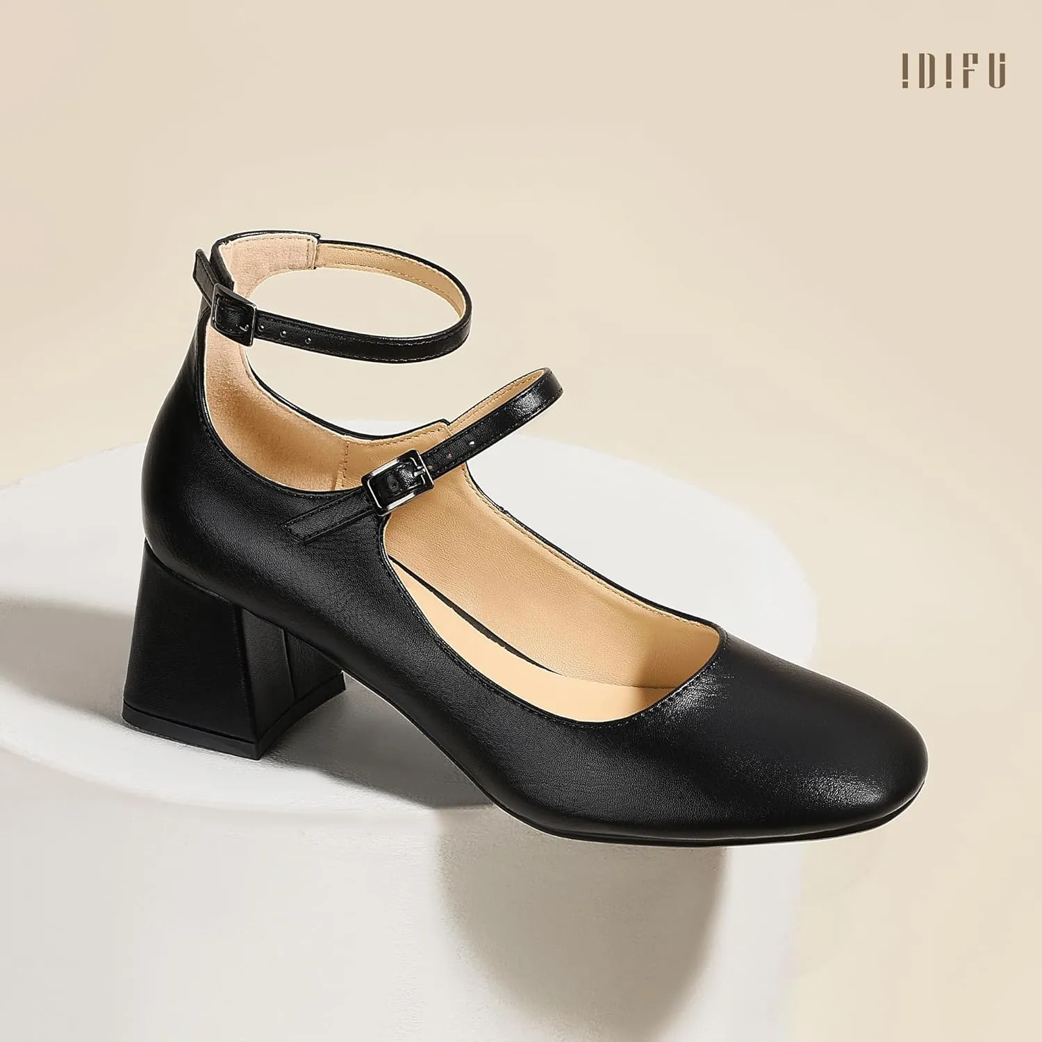 IDIFU IN2 Mary Jane Shoes Low Block Chunky Closed Toe Heels Dress Shoes for Women Square Toe Ankle Strap Wedding Prom Work Office Dressy Heels Comfortable Vintage Trendy Short Pumps