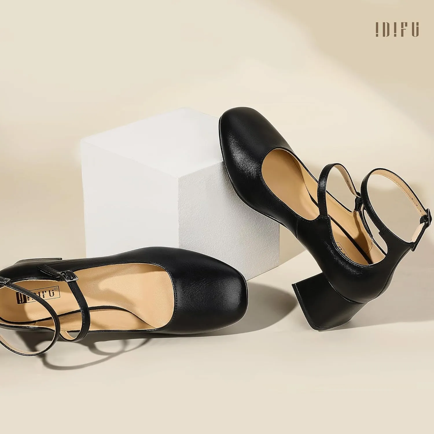 IDIFU IN2 Mary Jane Shoes Low Block Chunky Closed Toe Heels Dress Shoes for Women Square Toe Ankle Strap Wedding Prom Work Office Dressy Heels Comfortable Vintage Trendy Short Pumps