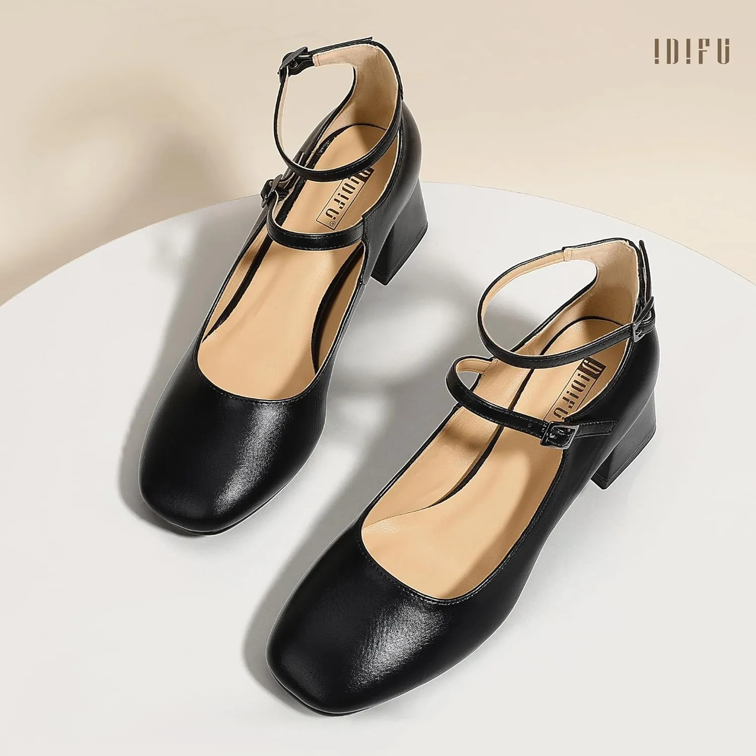 IDIFU IN2 Mary Jane Shoes Low Block Chunky Closed Toe Heels Dress Shoes for Women Square Toe Ankle Strap Wedding Prom Work Office Dressy Heels Comfortable Vintage Trendy Short Pumps