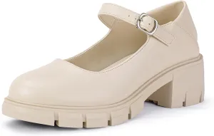 IDIFU IN2 Platform Mary Janes Shoes Closed Round Toe Low Short Block Chunky Thick Heels Wedding Prom Formal Work Graduation Dress Shoes for Women Comfortable Cute Vintage Oxfords Uniform Dressy Pumps