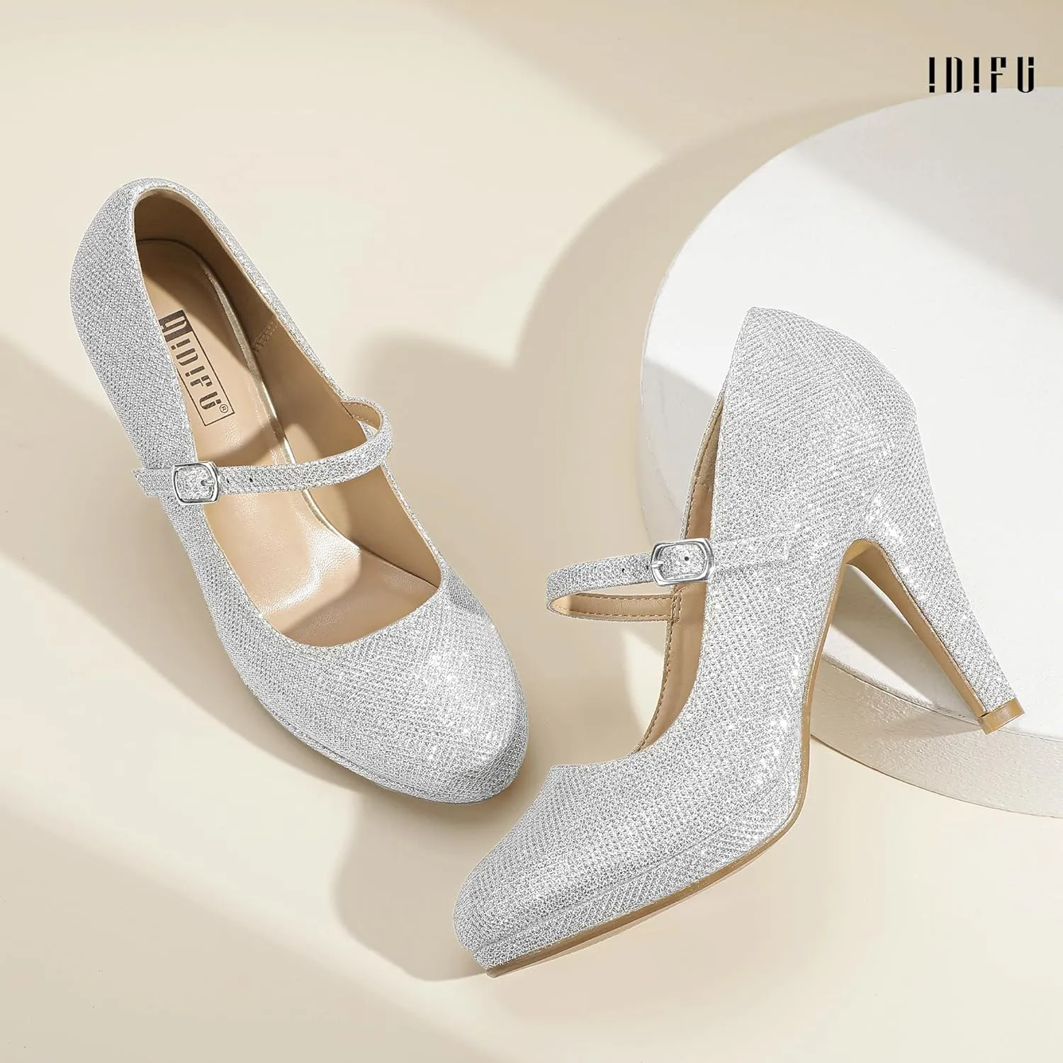 IDIFU IN4 Mary Jane Shoes Platform Closed Toe Heels High Stiletto Round Toe Women's Pumps Comfortable Dress Shoes for Women Wedding Prom Office Bridal Formal Bridesmaid Trendy Pumps Shoes