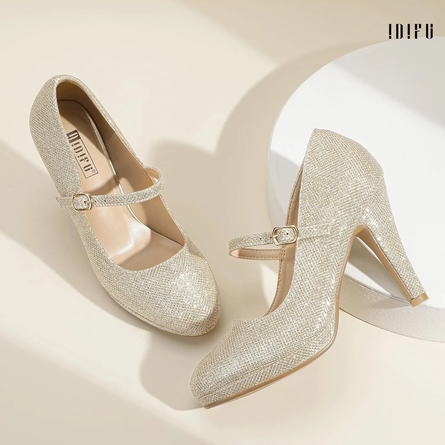IDIFU IN4 Mary Jane Shoes Platform Closed Toe Heels High Stiletto Round Toe Women's Pumps Comfortable Dress Shoes for Women Wedding Prom Office Bridal Formal Bridesmaid Trendy Pumps Shoes