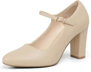 IDIFU IN4 Women's Pumps Mary Jane Dress Shoes for Women Closed Toe High Chunky Block Heels Dressy Wedding Bride Prom Graduation Business Heels Comfortable Formal Vintage Round Toe Pumps Shoes