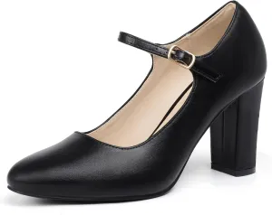 IDIFU IN4 Women's Pumps Mary Jane Dress Shoes for Women Closed Toe High Chunky Block Heels Dressy Wedding Bride Prom Graduation Business Heels Comfortable Formal Vintage Round Toe Pumps Shoes