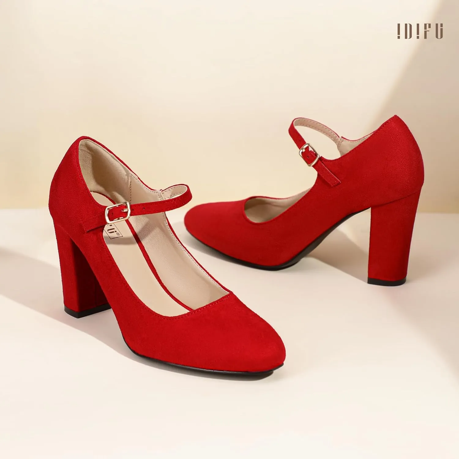 IDIFU IN4 Women's Pumps Mary Jane Dress Shoes for Women Closed Toe High Chunky Block Heels Dressy Wedding Bride Prom Graduation Business Heels Comfortable Formal Vintage Round Toe Pumps Shoes