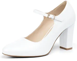 IDIFU IN4 Women's Pumps Mary Jane Dress Shoes for Women Closed Toe High Chunky Block Heels Dressy Wedding Bride Prom Graduation Business Heels Comfortable Formal Vintage Round Toe Pumps Shoes