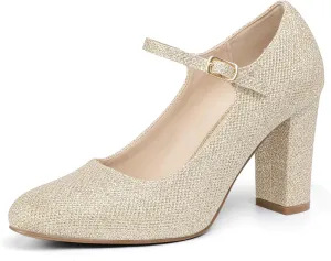 IDIFU IN4 Women's Pumps Mary Jane Dress Shoes for Women Closed Toe High Chunky Block Heels Dressy Wedding Bride Prom Graduation Business Heels Comfortable Formal Vintage Round Toe Pumps Shoes