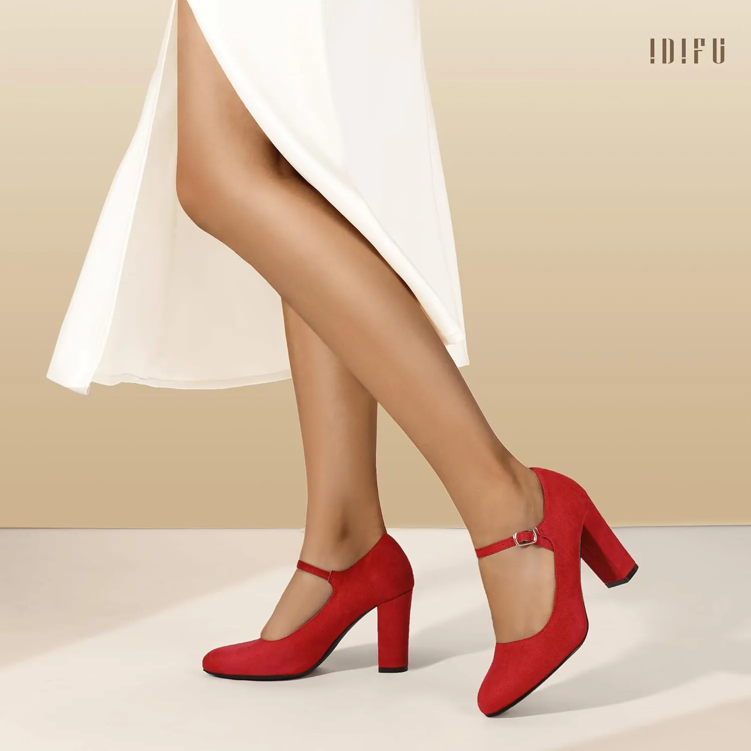 IDIFU IN4 Women's Pumps Mary Jane Dress Shoes for Women Closed Toe High Chunky Block Heels Dressy Wedding Bride Prom Graduation Business Heels Comfortable Formal Vintage Round Toe Pumps Shoes