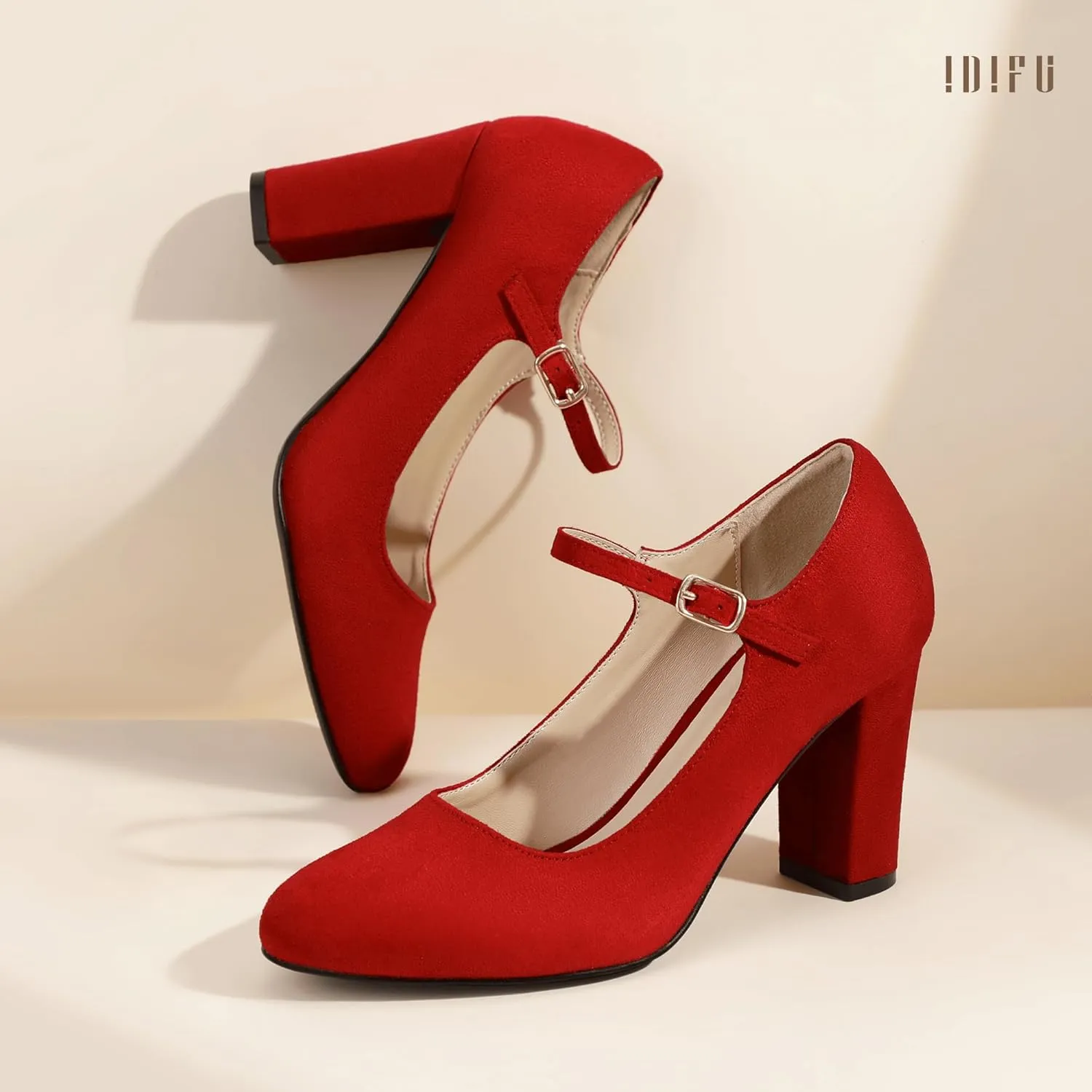 IDIFU IN4 Women's Pumps Mary Jane Dress Shoes for Women Closed Toe High Chunky Block Heels Dressy Wedding Bride Prom Graduation Business Heels Comfortable Formal Vintage Round Toe Pumps Shoes