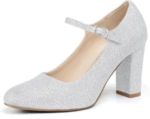 IDIFU IN4 Women's Pumps Mary Jane Dress Shoes for Women Closed Toe High Chunky Block Heels Dressy Wedding Bride Prom Graduation Business Heels Comfortable Formal Vintage Round Toe Pumps Shoes