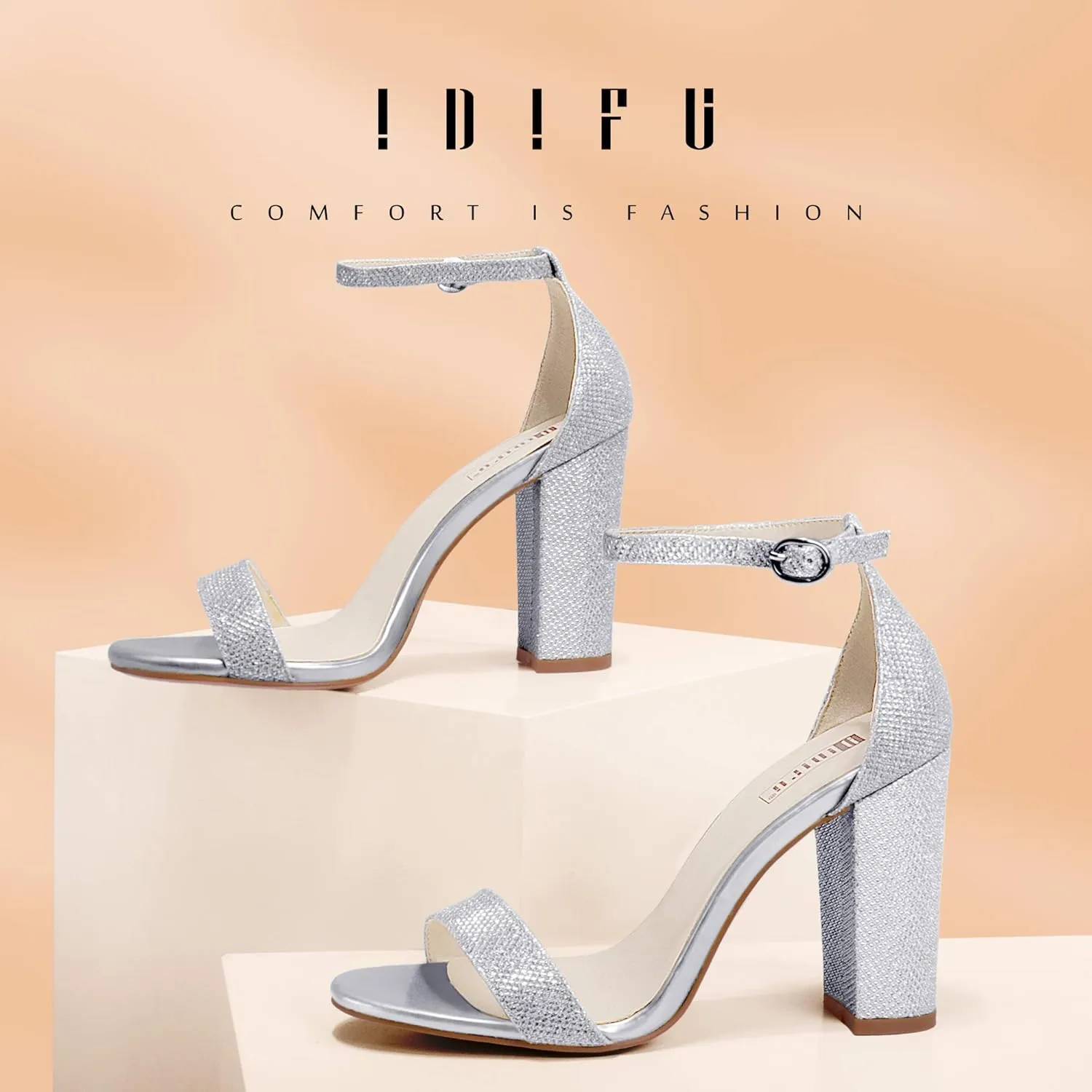IDIFU Women's IN4 Cookie-HI Chunky High Heel Sandals Open Toe Ankle Strap Wedding Bridal Prom Dress Shoes For Women Bride Bridesmaid