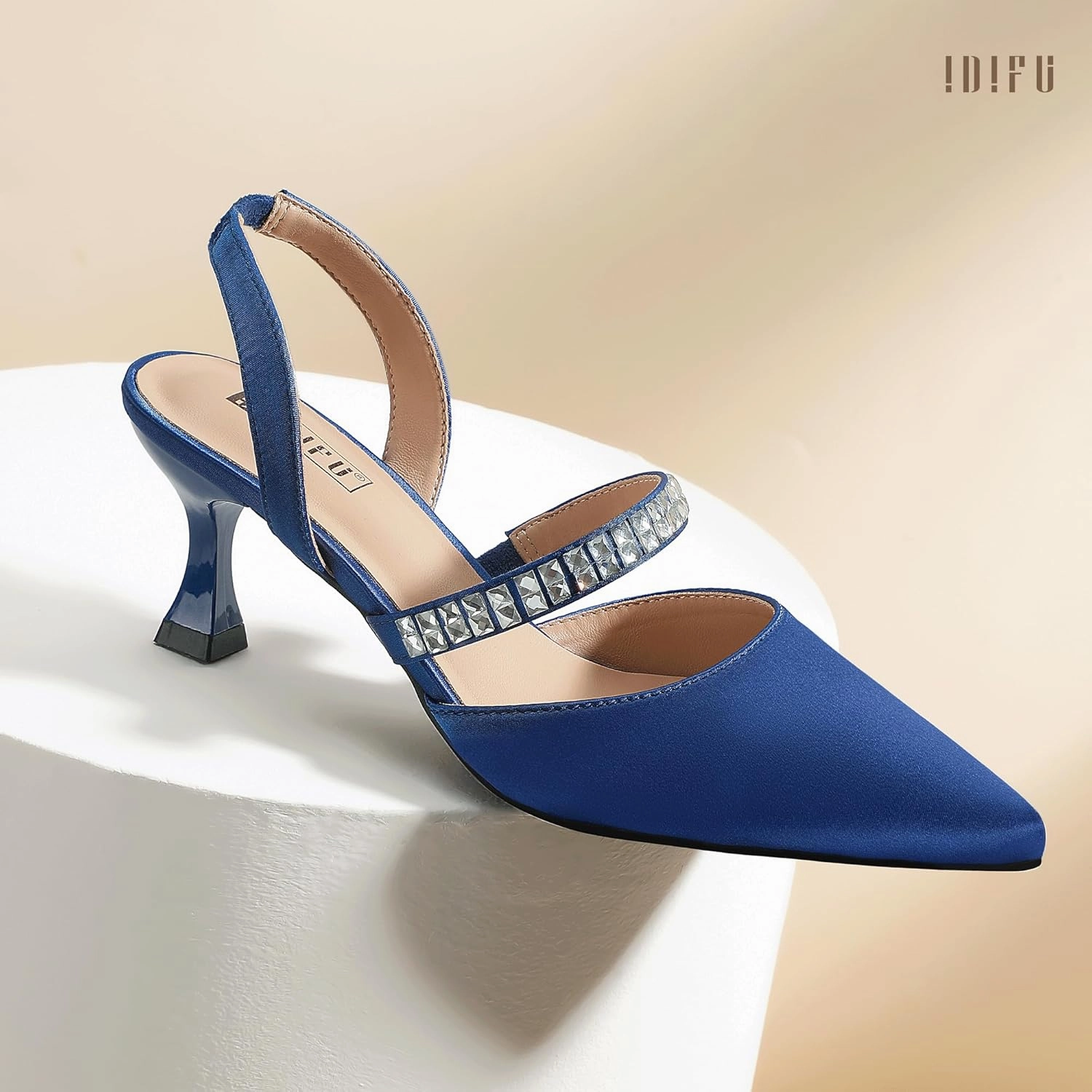 IDIFU IN3 Rhinestone Kitten Heels Closed Pointed Toe Low Strappy Dress Shoes for Women Bride Wedding Bridal Prom Heels Cute Trendy Dressy Short Slingback Pumps