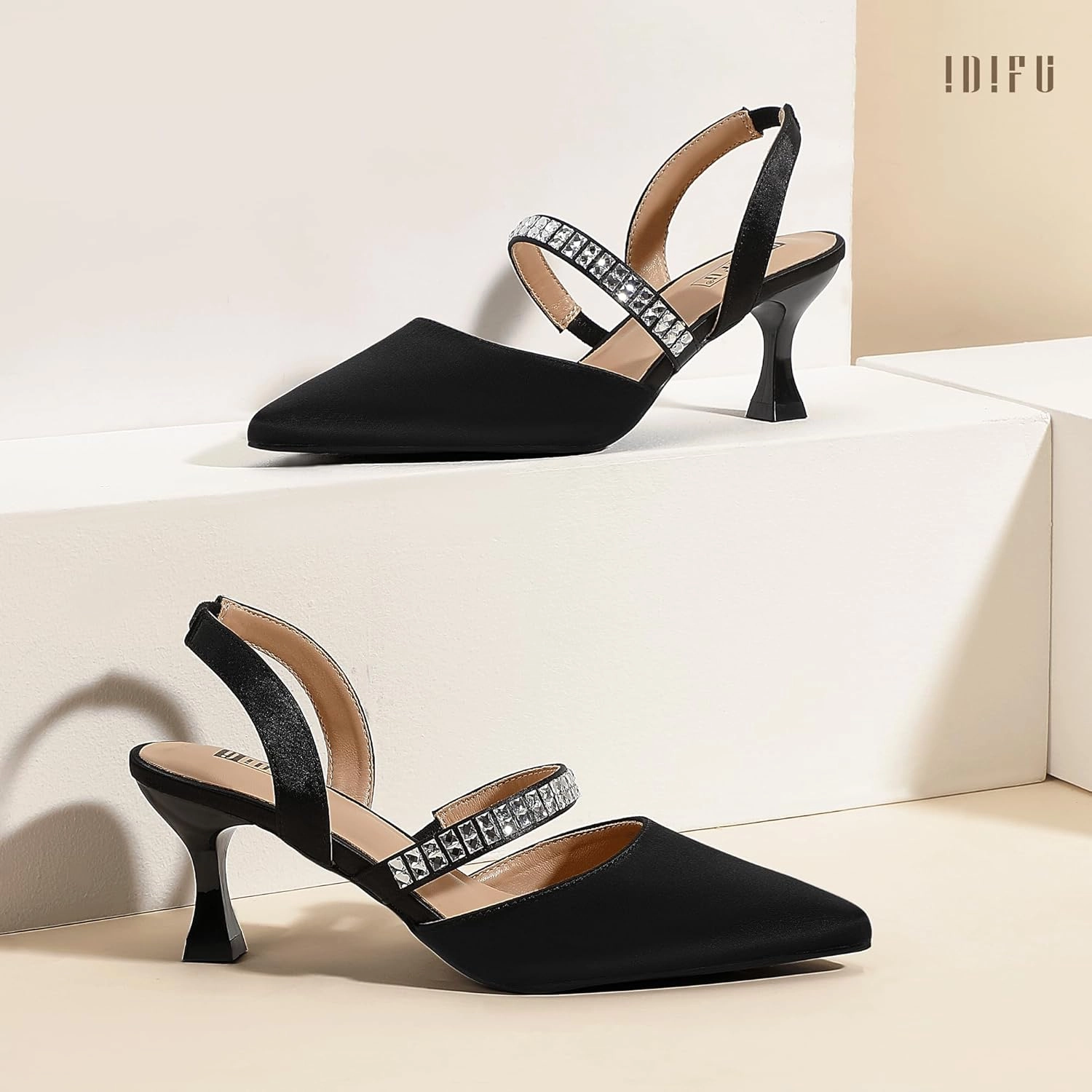 IDIFU IN3 Rhinestone Kitten Heels Closed Pointed Toe Low Strappy Dress Shoes for Women Bride Wedding Bridal Prom Heels Cute Trendy Dressy Short Slingback Pumps