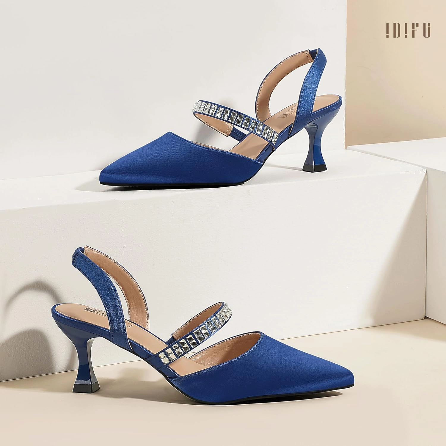 IDIFU IN3 Rhinestone Kitten Heels Closed Pointed Toe Low Strappy Dress Shoes for Women Bride Wedding Bridal Prom Heels Cute Trendy Dressy Short Slingback Pumps