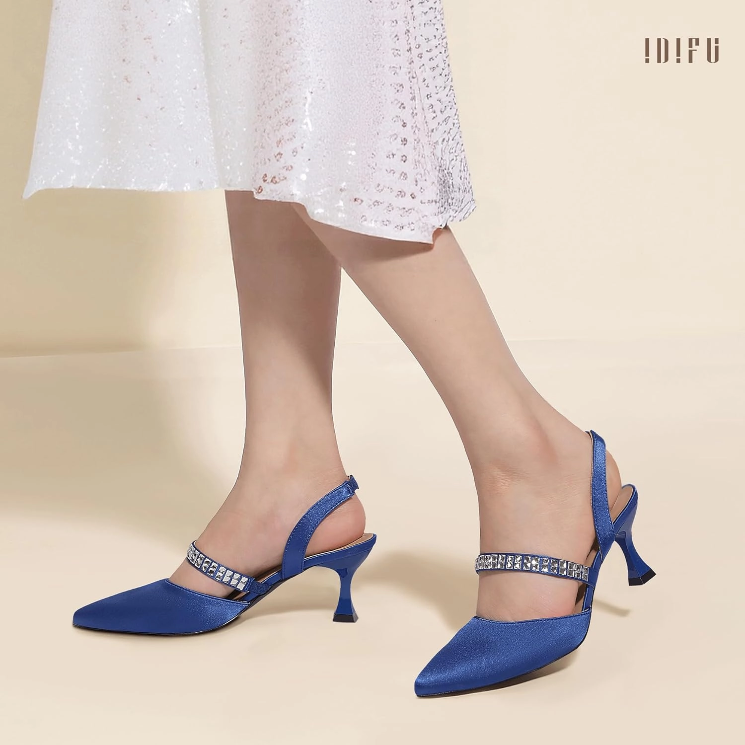 IDIFU IN3 Rhinestone Kitten Heels Closed Pointed Toe Low Strappy Dress Shoes for Women Bride Wedding Bridal Prom Heels Cute Trendy Dressy Short Slingback Pumps