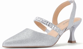 IDIFU IN3 Rhinestone Kitten Heels Closed Pointed Toe Low Strappy Dress Shoes for Women Bride Wedding Bridal Prom Heels Cute Trendy Dressy Short Slingback Pumps