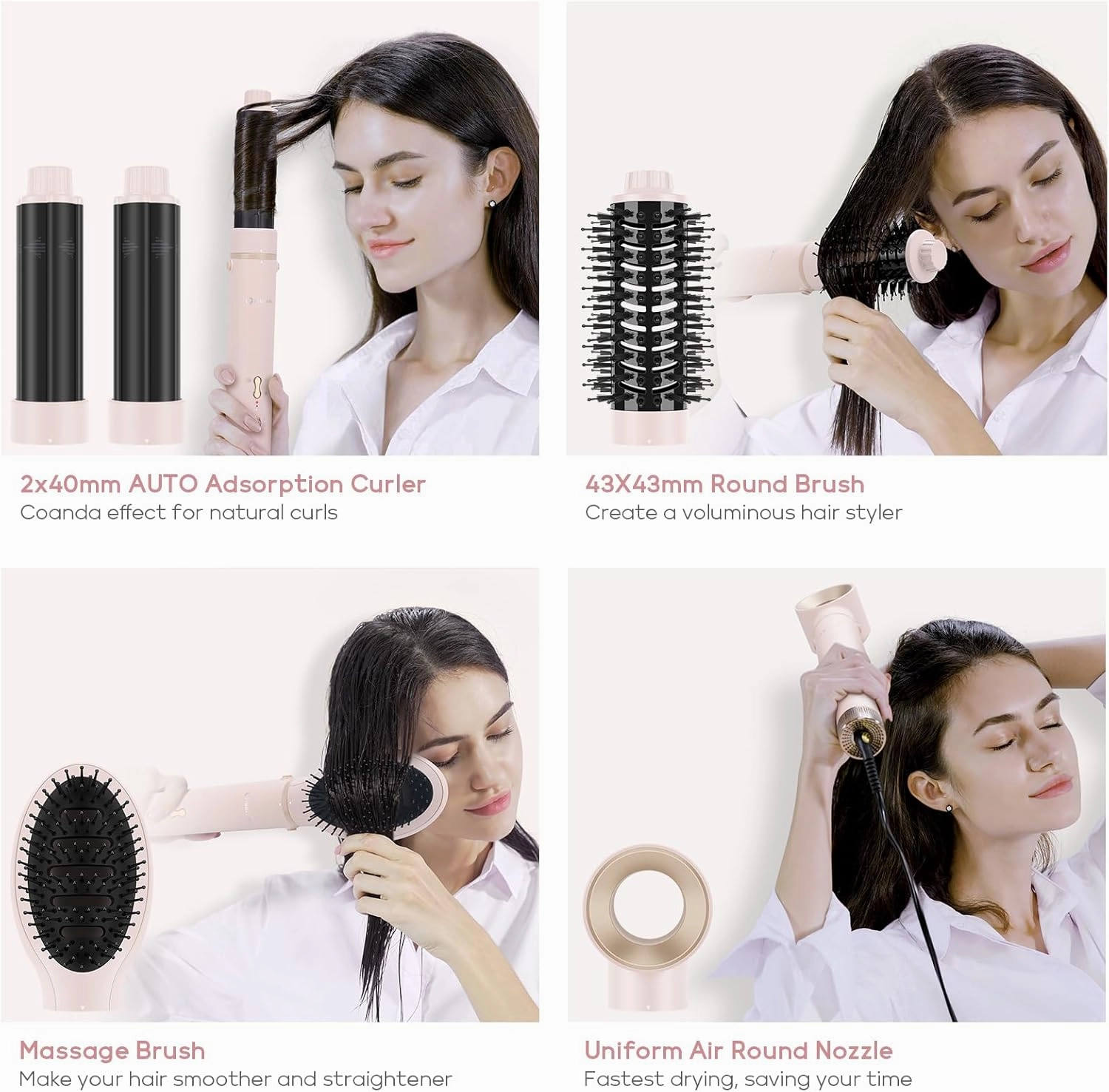 IG INGLAM MegaAIR Styler, 5 in-1 Professional Interchange Hair Dryer Brush 110,000 RPM Brushless BLDC Motor Ionic Hot Air Styler Volumizing and Shape, Pink