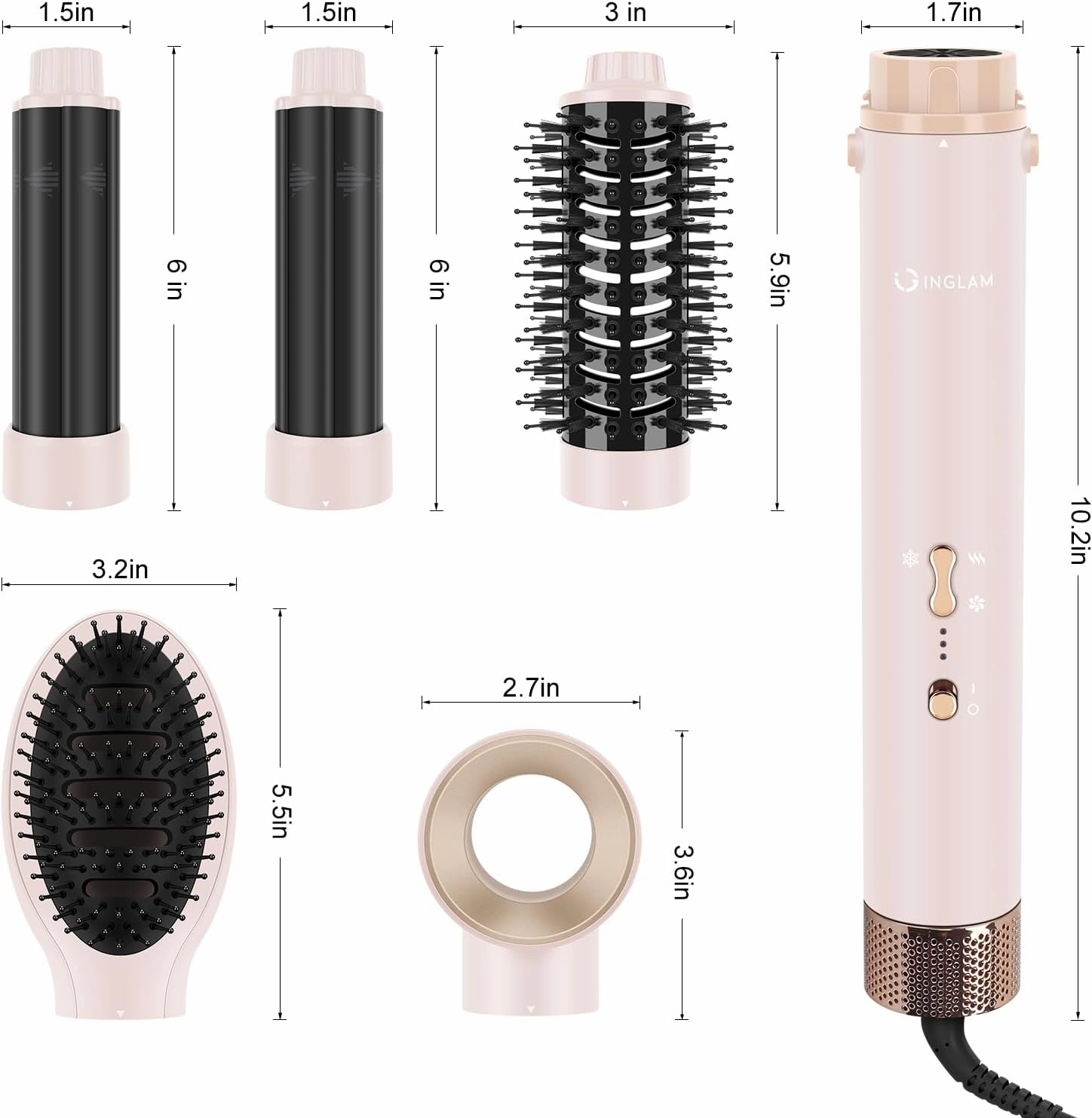 IG INGLAM MegaAIR Styler, 5 in-1 Professional Interchange Hair Dryer Brush 110,000 RPM Brushless BLDC Motor Ionic Hot Air Styler Volumizing and Shape, Pink