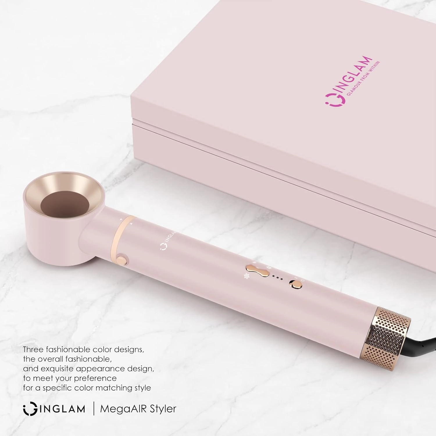 IG INGLAM MegaAIR Styler, 5 in-1 Professional Interchange Hair Dryer Brush 110,000 RPM Brushless BLDC Motor Ionic Hot Air Styler Volumizing and Shape, Pink