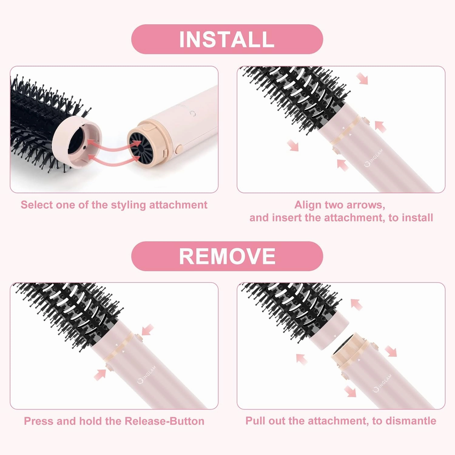 IG INGLAM MegaAIR Styler, 5 in-1 Professional Interchange Hair Dryer Brush 110,000 RPM Brushless BLDC Motor Ionic Hot Air Styler Volumizing and Shape, Pink