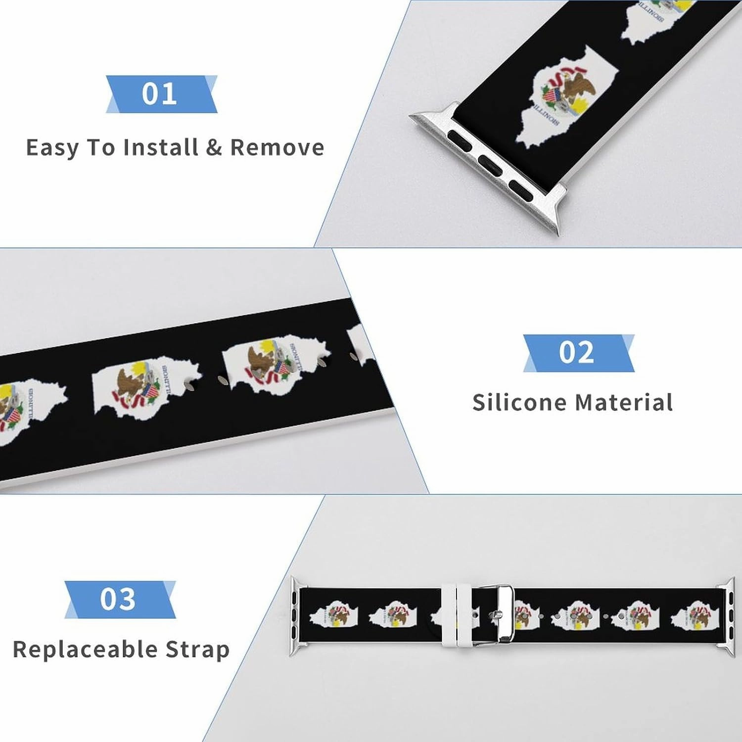 Illinois State Logo Adjustable Silicone Watchband Compatible with IWatch Classic Soft Sports Watch Strap for Men Women