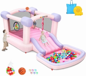 Inflatable Bounce House, Kids Jumping Castle Slide Bouncer, Toddler Backyard Bouncy House with Blower, Ball Pit, Basketball Hoop, Dart Target Game for Outdoor and Indoor Party, Ideal Gifts