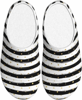 Ink And Gold Dot Stripes Slippers With Fluffy Soft Warm For Women9-10/Men7-7.5, Flannel Slippers Cozy Plush Indoor Outdoor