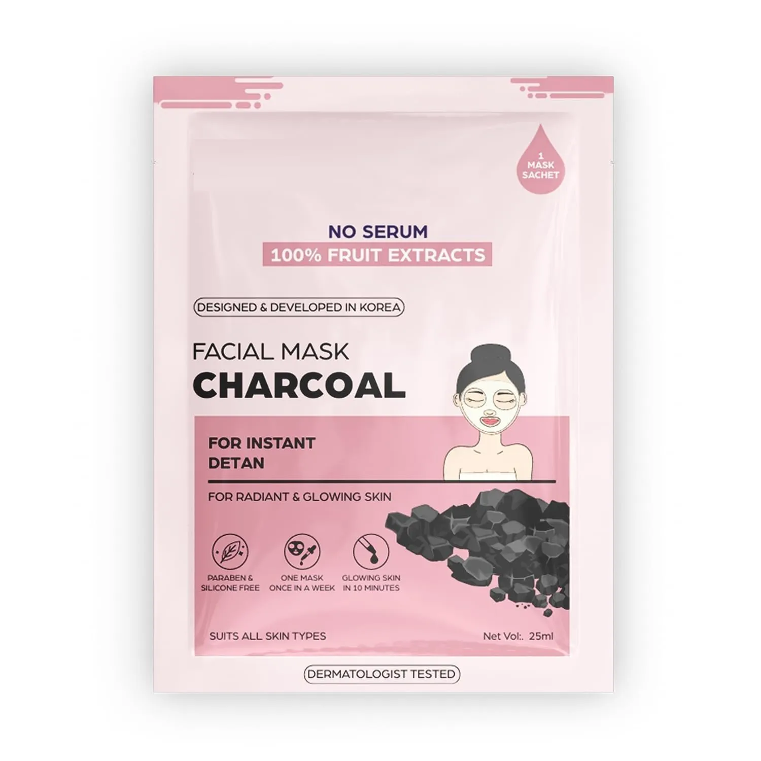 Instant Detan Charcoal Facial Mask | For radiant & glowin skin | 100% fruit extracts, Korean Mask | 1pc, 25gm