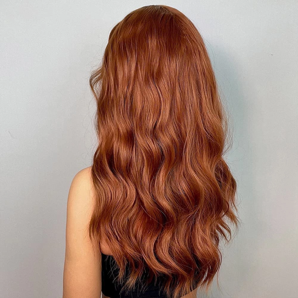 ISHINE Wigs for Women Long Wavy Curly Wigs Colored Wigs with Bangs Synthetic Wigs for Daily Cosplay Party Replacement Wig 26 inches (Dark Copper Brown)