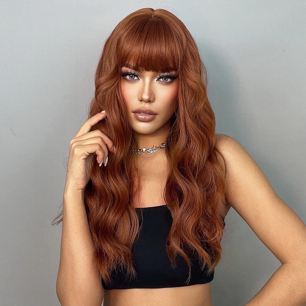 ISHINE Wigs for Women Long Wavy Curly Wigs Colored Wigs with Bangs Synthetic Wigs for Daily Cosplay Party Replacement Wig 26 inches (Dark Copper Brown)