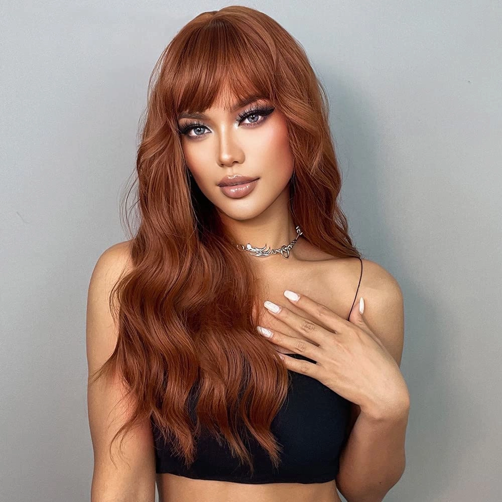 ISHINE Wigs for Women Long Wavy Curly Wigs Colored Wigs with Bangs Synthetic Wigs for Daily Cosplay Party Replacement Wig 26 inches (Dark Copper Brown)