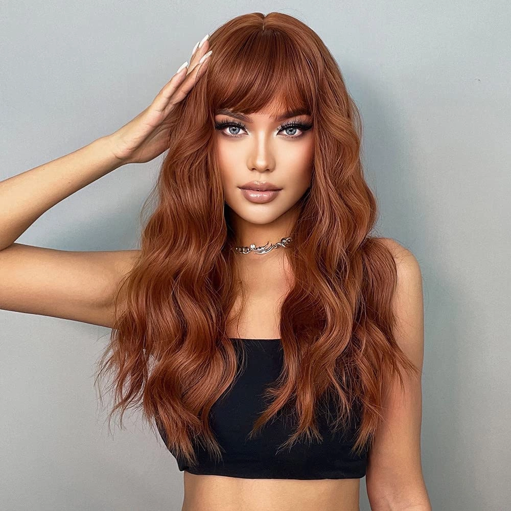 ISHINE Wigs for Women Long Wavy Curly Wigs Colored Wigs with Bangs Synthetic Wigs for Daily Cosplay Party Replacement Wig 26 inches (Dark Copper Brown)