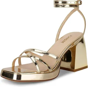 ISNOM Mirror Gold Heels for Women Platform Sandals Comfy Strappy Short Block Chunky Sandals Ankle Strap Summer Heeled Sandals Square Open Toe for Wedding Work Party Dressy Prom,Mirror Gold,Size 11