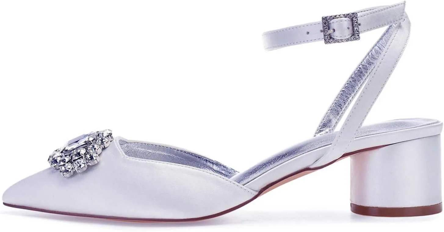 Ivory Wedding Shoes for Bride - High Heel Bridal Shoes with Closed Toe, Rhinestone Buckle Satin Fabric - Ideal for Wedding Party, Dress, & Court