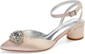 Ivory Wedding Shoes for Bride - High Heel Bridal Shoes with Closed Toe, Rhinestone Buckle Satin Fabric - Ideal for Wedding Party, Dress, & Court