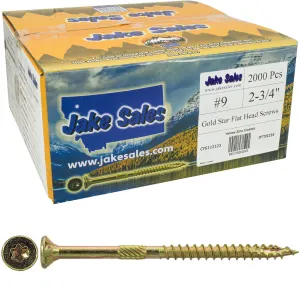 Jake Sales #9 x 2 3/4" Gold Star Wood Screw Torx/Star Drive Flat Head (Full Box - 2000 Screw Count) - Multipurpose Torx/Star Drive Wood Screws