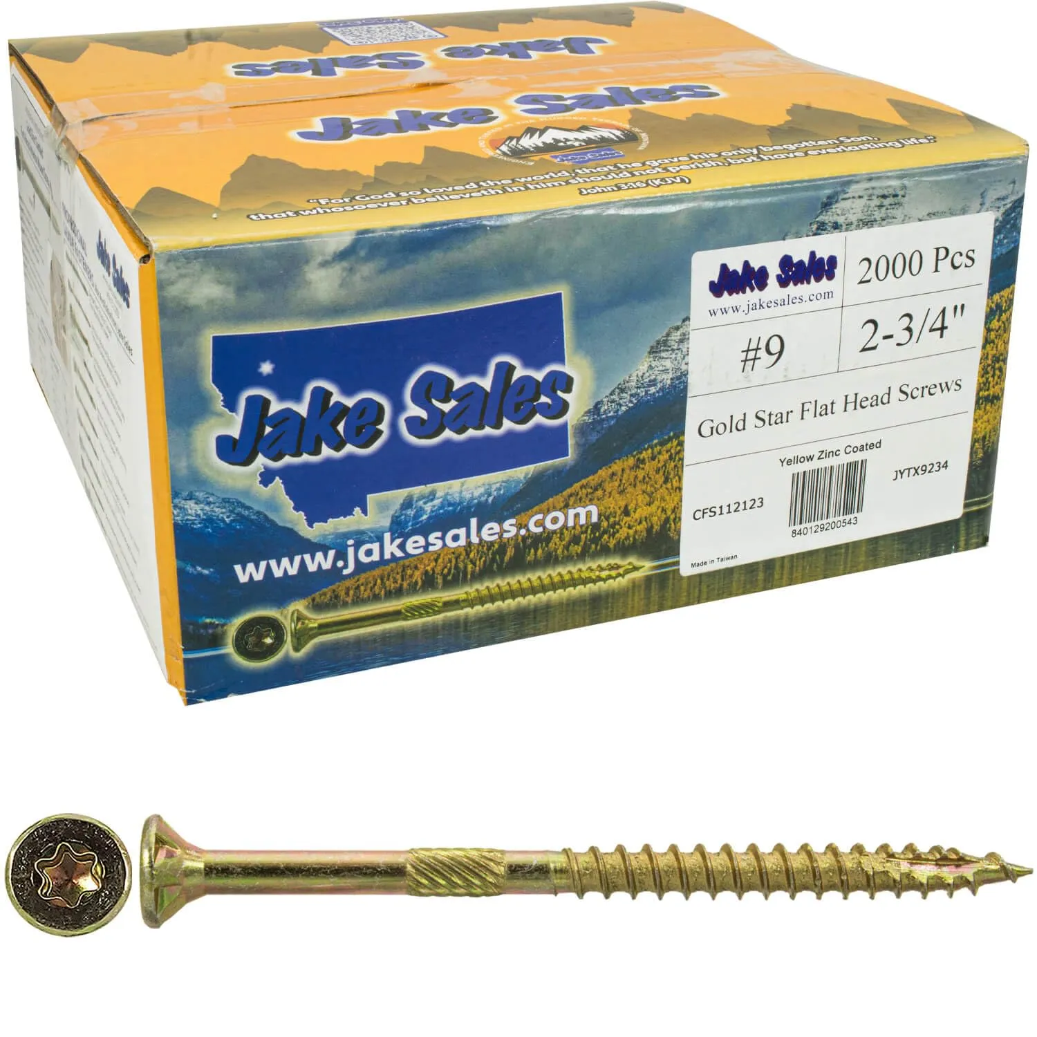 Jake Sales #9 x 2 3/4" Gold Star Wood Screw Torx/Star Drive Flat Head (Full Box - 2000 Screw Count) - Multipurpose Torx/Star Drive Wood Screws