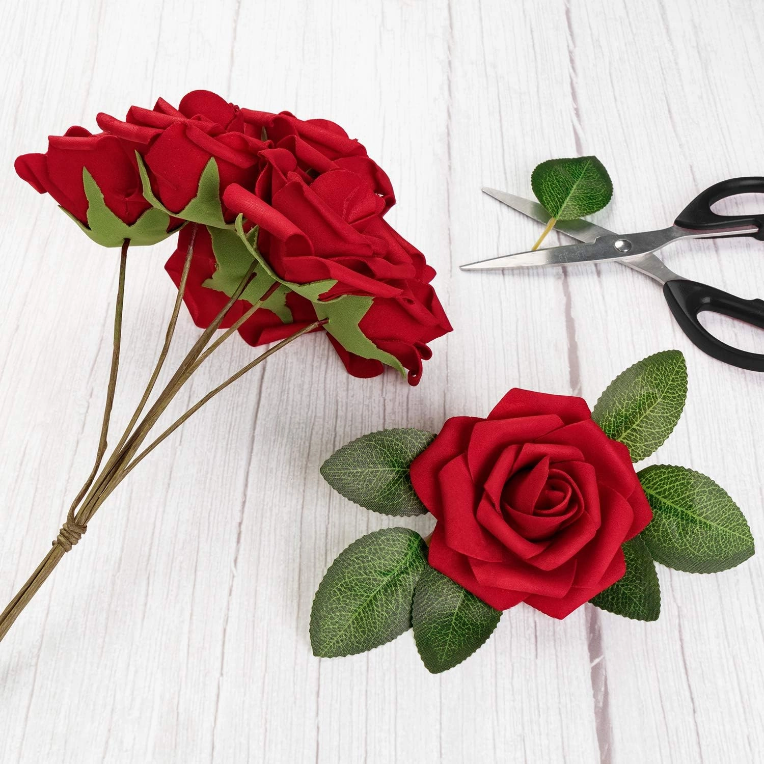 Jelofly Artificial Flowers Red Roses 50pcs Real Looking Fake Flowers Foam Roses w/Stem DIY Wedding Bouquets Centerpieces Baby Shower Party Home Decorations