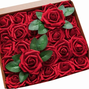 Jelofly Artificial Flowers Red Roses 50pcs Real Looking Fake Flowers Foam Roses w/Stem DIY Wedding Bouquets Centerpieces Baby Shower Party Home Decorations