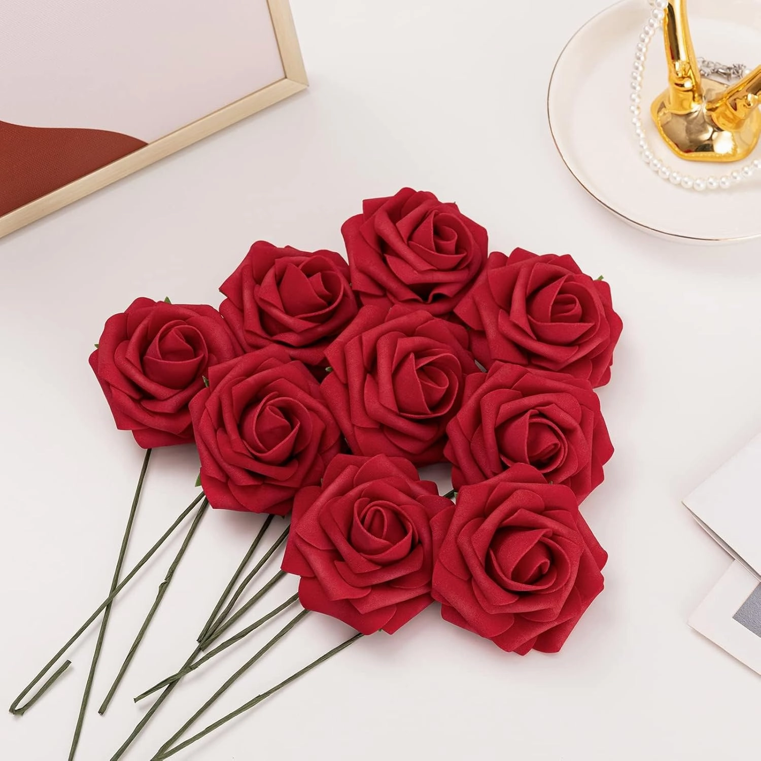 Jelofly Artificial Flowers Red Roses 50pcs Real Looking Fake Flowers Foam Roses w/Stem DIY Wedding Bouquets Centerpieces Baby Shower Party Home Decorations