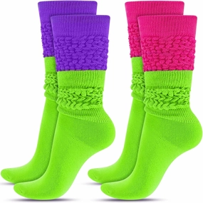 JenPen 2 Pairs Neon Slouch Socks for Women 80s 90s Scrunch Socks Soft Extra Long Size 9 to 10(Rose Red-fluorescent Green, Purple)