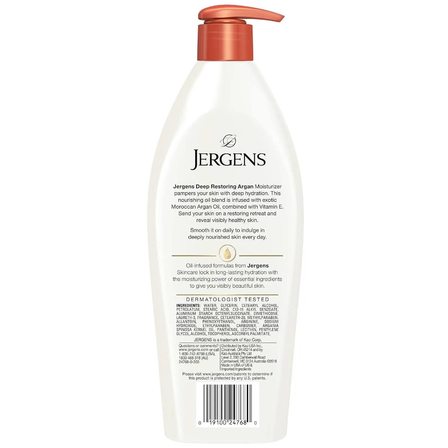 Jergens Deep Restoring Argan Oil Moisturizer, Soothing Body and Hand Lotion, 16.8 oz, with Reviving Argan Oil and Vitamin E, Oil-Infused, Dermatologist Tested (Pack of 2)