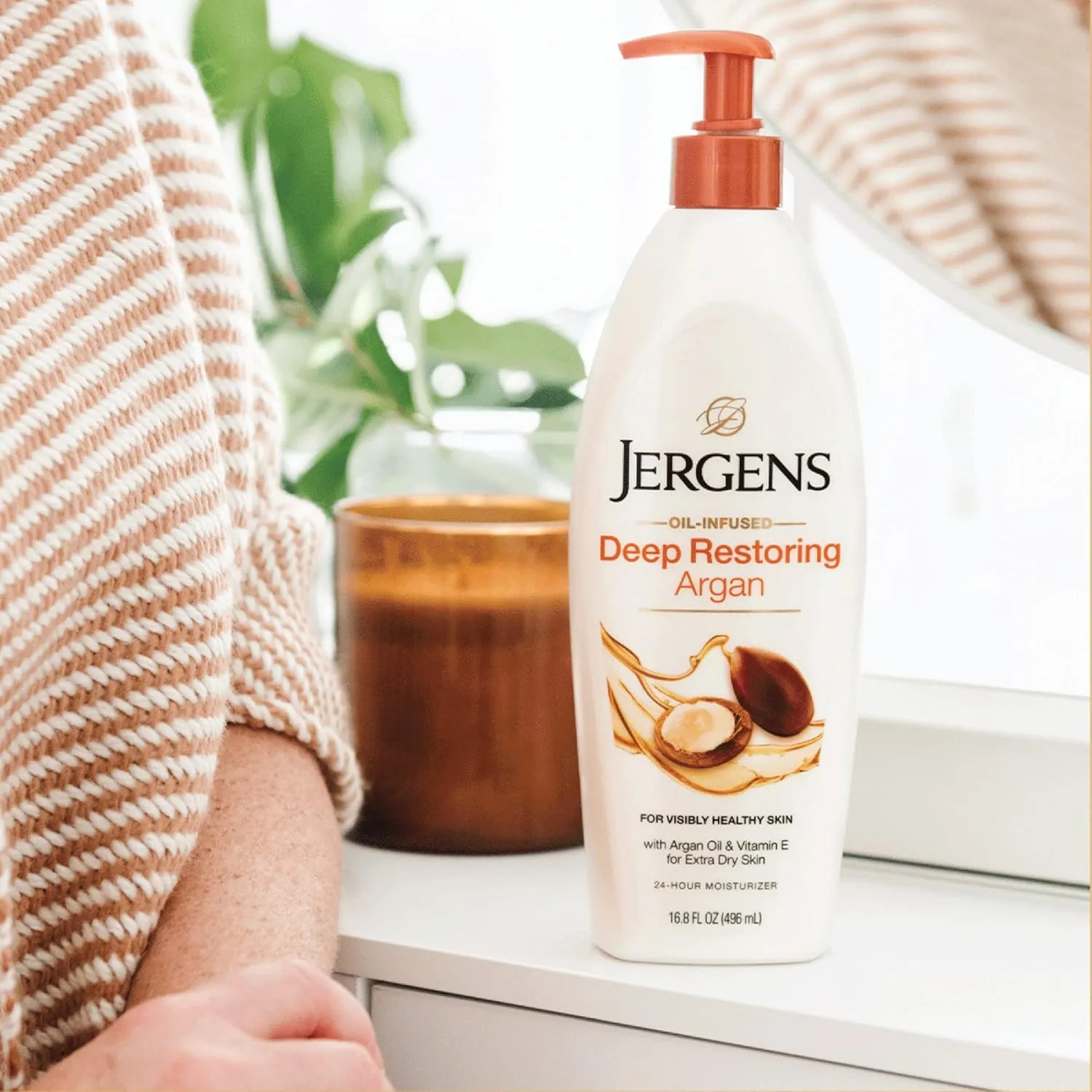 Jergens Deep Restoring Argan Oil Moisturizer, Soothing Body and Hand Lotion, 16.8 oz, with Reviving Argan Oil and Vitamin E, Oil-Infused, Dermatologist Tested (Pack of 2)