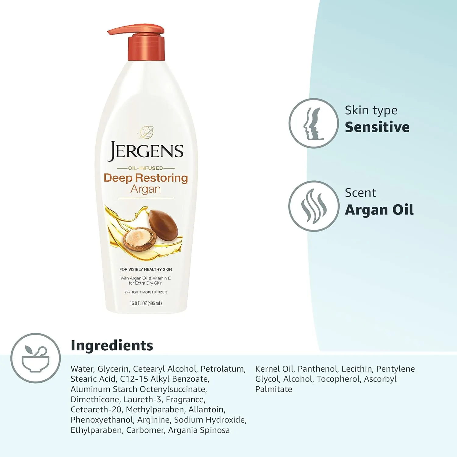 Jergens Deep Restoring Argan Oil Moisturizer, Soothing Body and Hand Lotion, 16.8 oz, with Reviving Argan Oil and Vitamin E, Oil-Infused, Dermatologist Tested (Pack of 2)